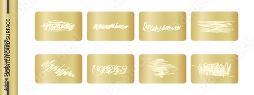 Set of gold scratch ticket panels with scratched foil effect and reveal area. Scratch card collection with different scratch patterns. Surface rubbed with a coin. Golden texture. Vector collection.