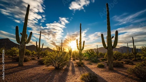 Mesmerizing sunset illuminates towering saguaro cacti, casting long shadows across the desert landscape, Arizona