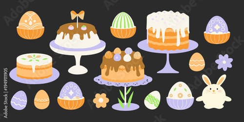Colorful easter treats including cakes eggs and a bunny illustration