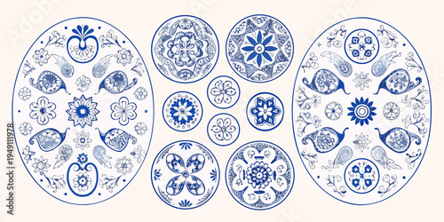 Collection of blue and white patterned easter eggs in various designs