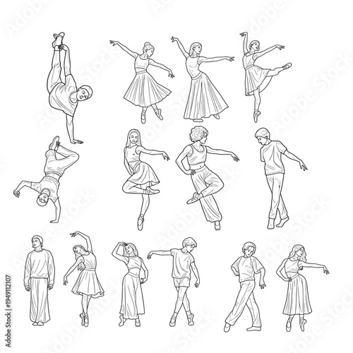 Dynamic Dance Poses: A captivating compilation of ballet, contemporary, and breakdancing stances, showcasing the elegance and energy of diverse movements.