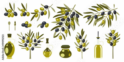 A colorful collection of olives branches oil bottles and related items