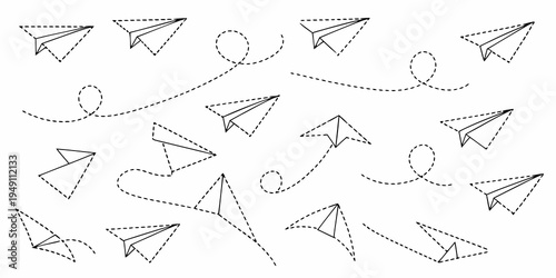 A playful pattern of paper airplanes and their winding flight paths