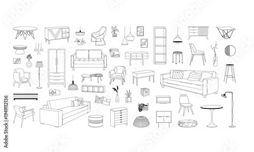 Interior Design Sketch: A detailed sketch presents an array of furniture elements, showcasing diverse pieces for a cohesive interior design.