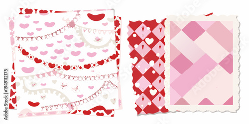 Collection of decorative patterned papers with hearts and pink hues