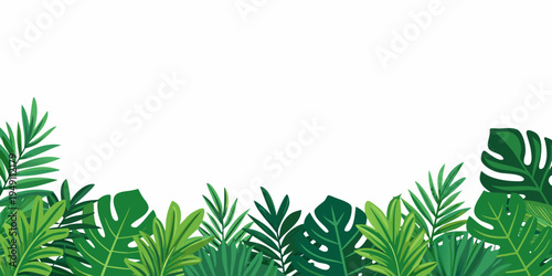 Lush tropical leaves create a vibrant green border on white