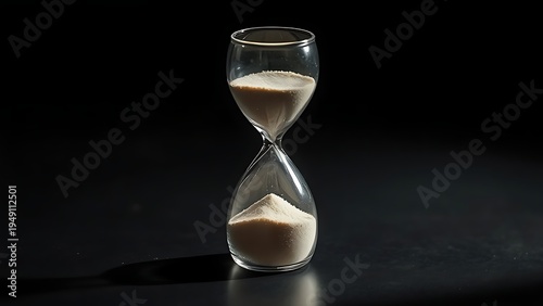 stasis. Glass hourglass on a dark surface with sand solidified into stone. STEM education sheets, lab safety posters, designed for STEM education and laboratory safety posters, used by nutritionists.