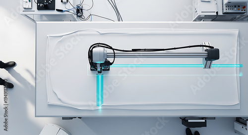 a precision robotic textile cutting machine with a glowing blue laser beam processing material on a large white table.