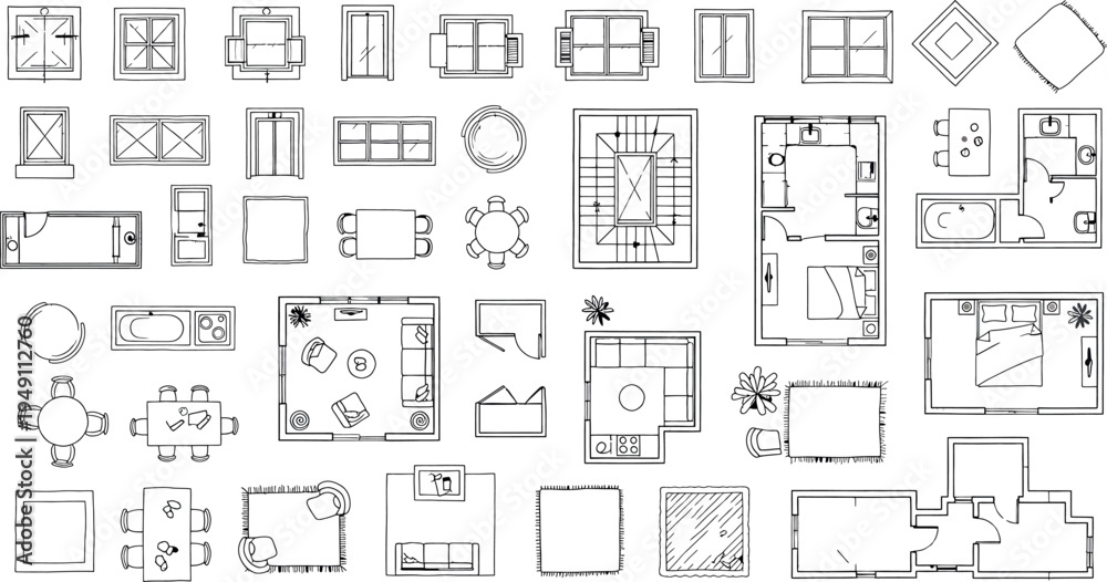 Obraz premium Collection of architectural floor plan symbols isolated on transparent background