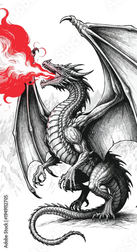 Hand Drawn Dragon Breathing Red Fire Fantasy Illustration