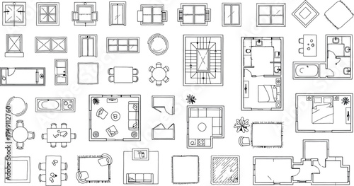 Collection of architectural floor plan symbols isolated on transparent background
