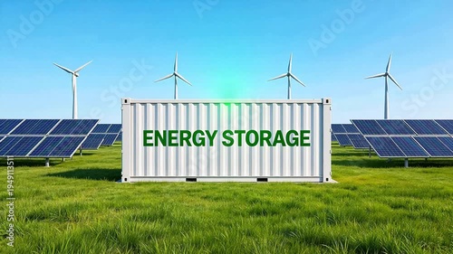 Large white energy storage container in green field with solar panels and wind turbines—renewable energy infrastructure for sustainable power grid