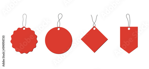 Red hanging price tag set. Retail sale label collection. Blank discount tag shapes. Shopping product tag design