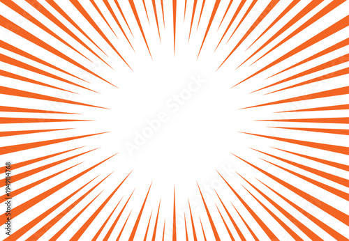Orange sunburst rays background. Abstract radial burst pattern. Comic style speed lines.
