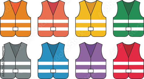 Flat vector illustration set of construction worker safety vests, colorful icons for industrial safety, road work, and protective equipment