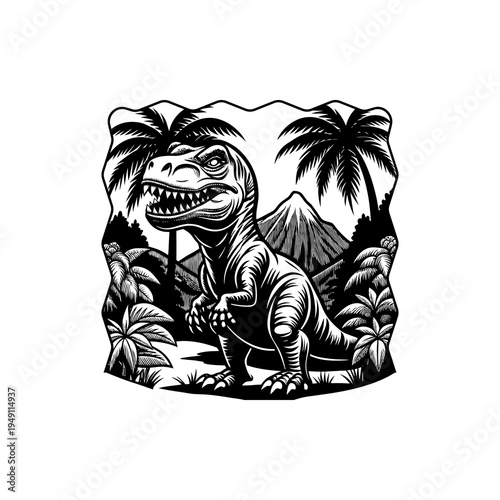A detailed black and white illustration of a Tyrannosaurus Rex dinosaur in a prehistoric jungle setting with palm trees and a volcano.