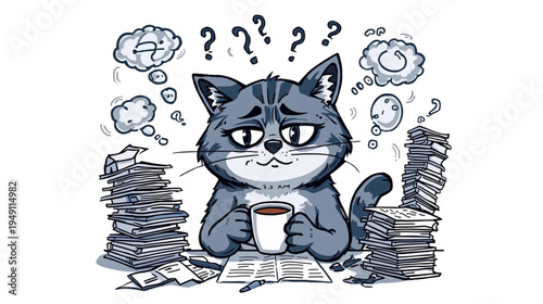Stressed Cartoon Cat Working Late at 3 Am with Coffee and Piles of Paper at the Desk