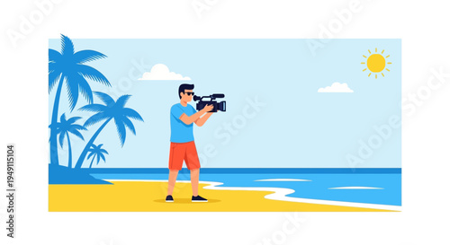 Filmmaker filming beach scene with palm trees and ocean waves