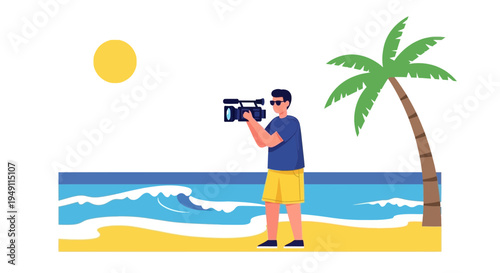 Filmmaker filming beach waves and palm tree with camera, sunny day, vacation