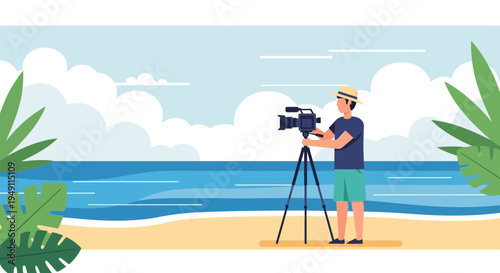Filmmaker filming ocean beach vacation, tropical paradise, summer travel, professional videography