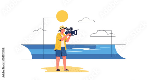 Filmmaker filming ocean landscape with vintage camera on beach, sunny day, travel concept