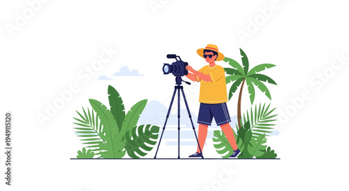 Filmmaker with camera on tripod in tropical jungle, filming nature and palm trees