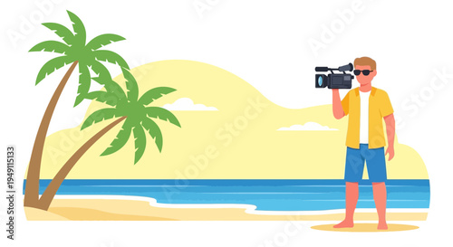 Man filming on tropical beach with palm trees and ocean view, vacation videographer