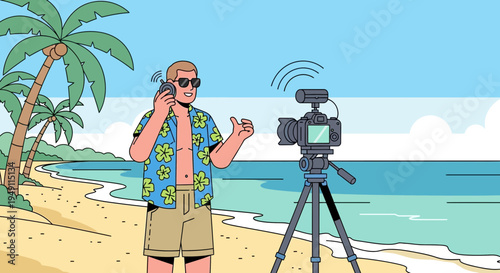 Man filming himself on beach with camera and phone, vacation vlogger concept