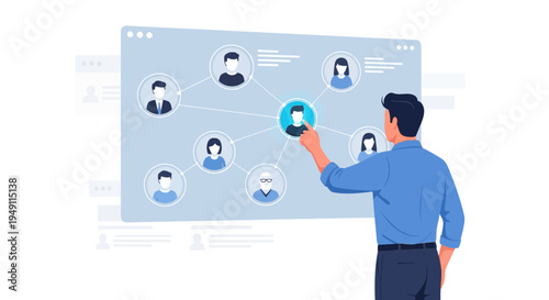 Man interacting with digital network interface, connecting people on screen