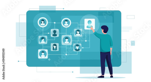 Man interacting with digital network of people icons, visualizing connections and organization