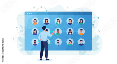 Man interacting with digital network of people profiles on screen, teamwork concept