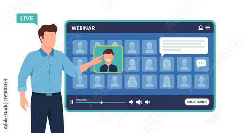 Man pointing at screen during live webinar with participants grid and chat