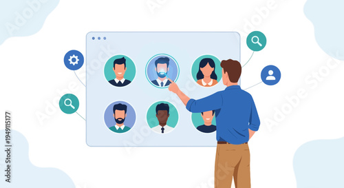 Man selecting profile from digital interface with diverse user avatars and icons