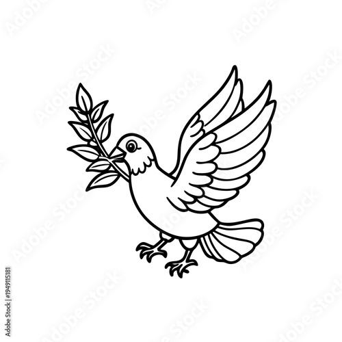 A black and white line drawing of a dove carrying a branch in its beak, symbolizing peace.