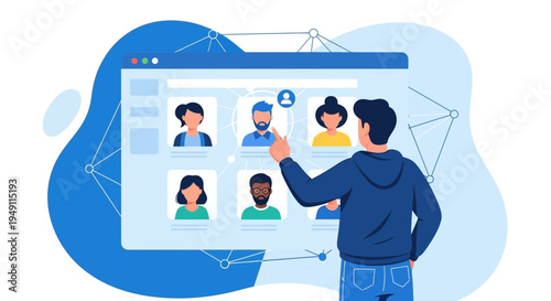 Man selecting profile from online network interface, teamwork, recruitment, HR concept