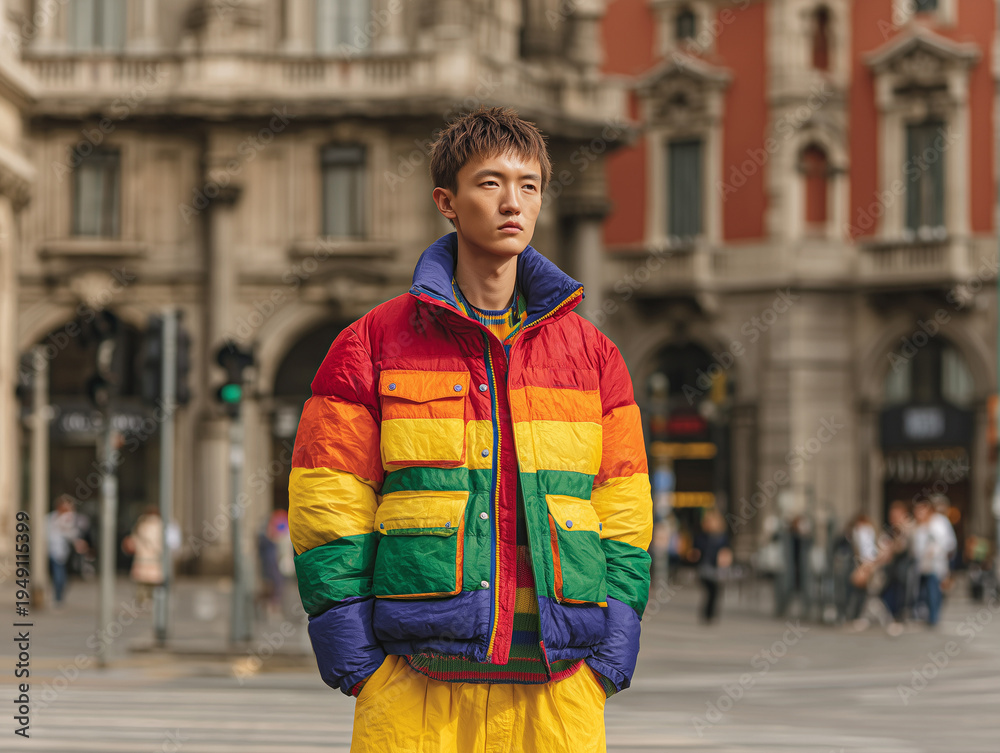 Fototapeta premium Man wearing oversized bright primary color puffy down jacket on urban street corner during overcast daylight