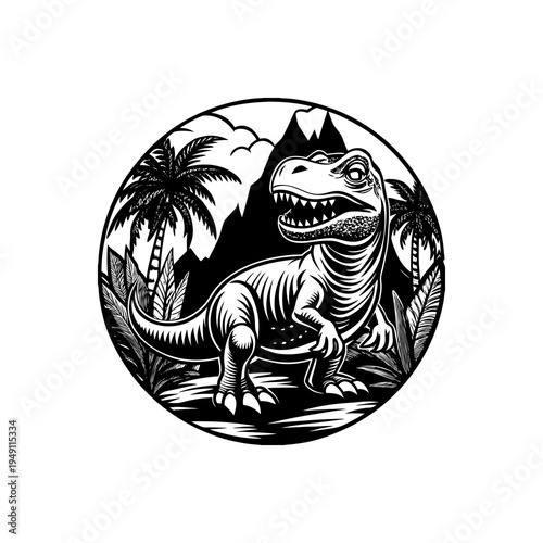 A black and white illustration of a Tyrannosaurus Rex dinosaur in a prehistoric jungle setting with palm trees and mountains.