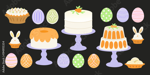 Colorful easter desserts and a bunny illustration on a dark background