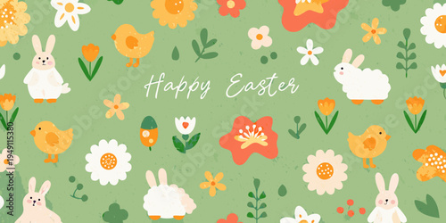 A festive easter pattern featuring bunnies chicks and colorful flowers