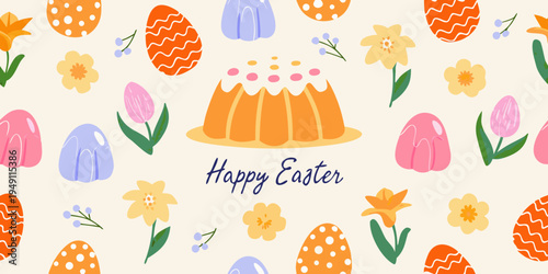 A cheerful easter illustration featuring decorated eggs flowers and cake