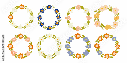 Collection of colorful floral wreaths in various styles and hues