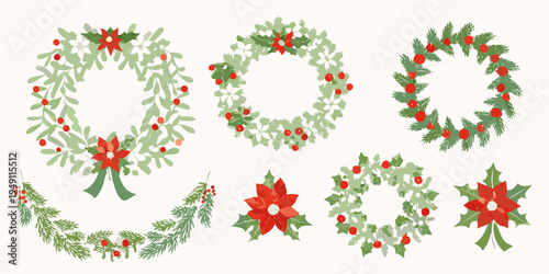 Collection of festive holiday wreaths and garlands with red berries
