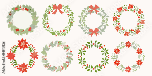 Collection of festive wreaths with floral and berry decorations