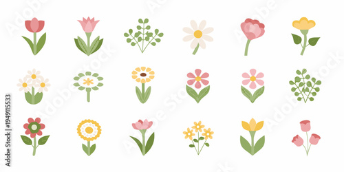Colorful assortment of stylized flowers and leafy green botanical illustrations