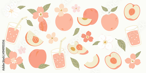 A charming collection of peach blossoms sliced peaches and refreshing drinks