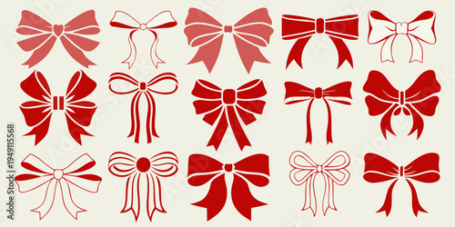 Collection of decorative red and white ribbon bows in various styles