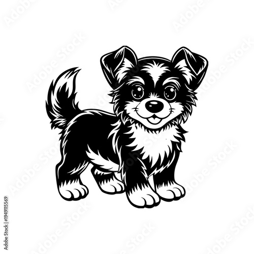 A charming black and white illustration of a fluffy puppy with big eyes and perky ears, standing with its tail wagging.