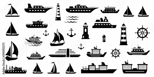 Collection of black silhouette icons depicting various boats lighthouses and nautical elements
