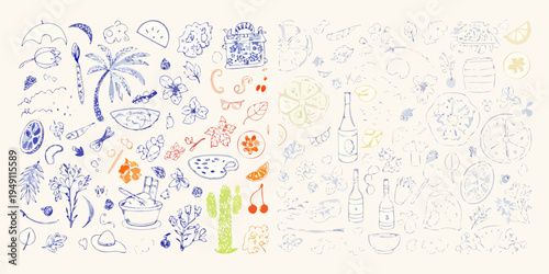 Whimsical hand drawn doodles of summer objects and tropical elements