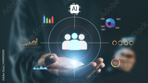 AI customer targeting and audience analytics concept. Business professional holding digital customer icon with artificial intelligence chip for smart marketing segmentation and user behavior analysis.